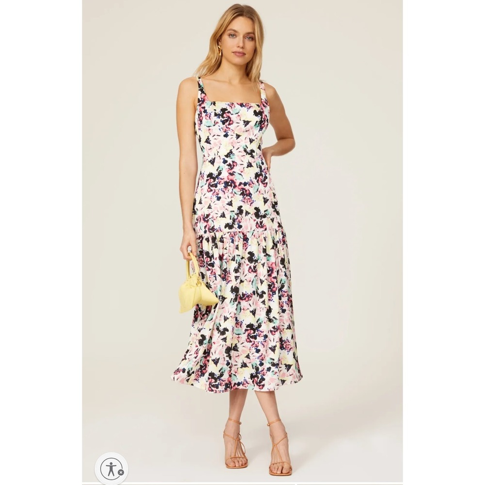 Aidan Mattox Floral Print Satin Midi Dress Square Neck Sleeveless White Size 12 - Picture 1 of 11
